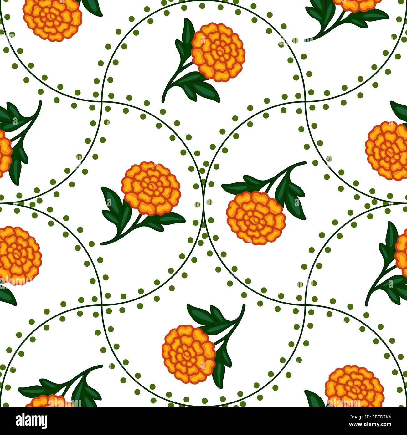 Modèle vectoriel sans couture avec des fleurs de souci stylisées et des lignes vertes pointillées, créant un design vibrant et gai parfait pour les impressions textiles ou fe Illustration de Vecteur