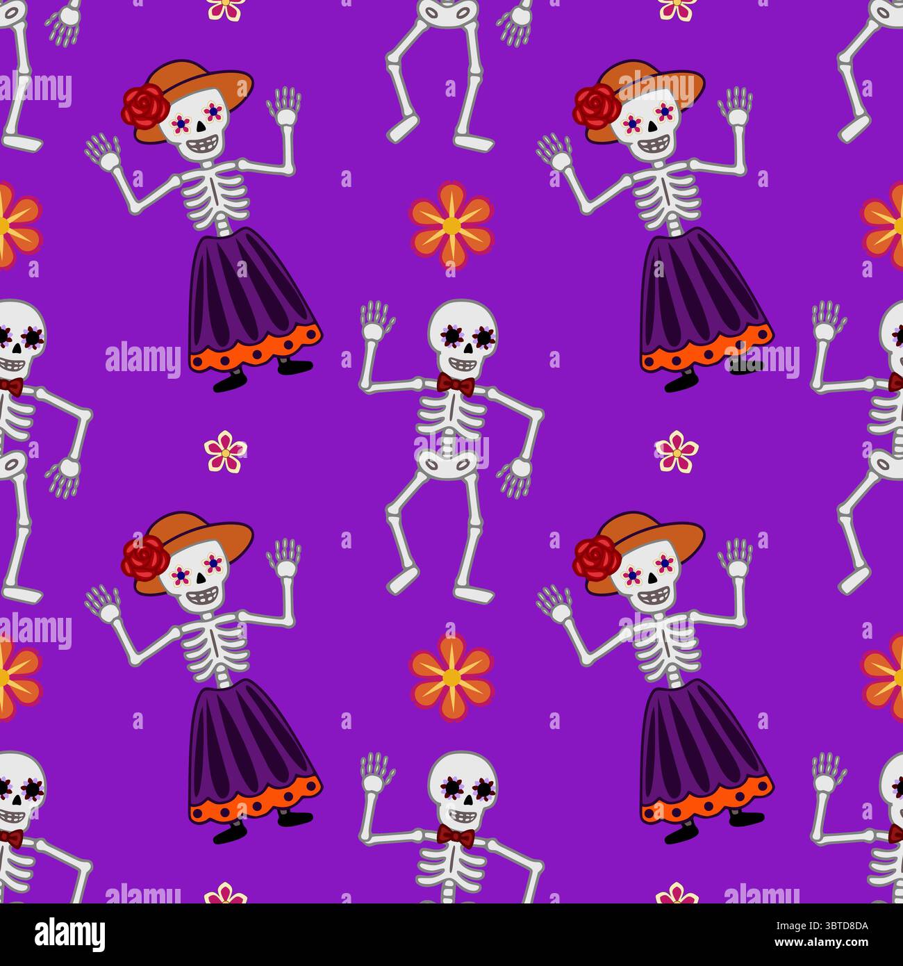 Modèle vectoriel sans couture avec squelettes dansants joyeux en violet vif, orné de détails floraux et de vêtements mexicains traditionnels, parfait fo Illustration de Vecteur
