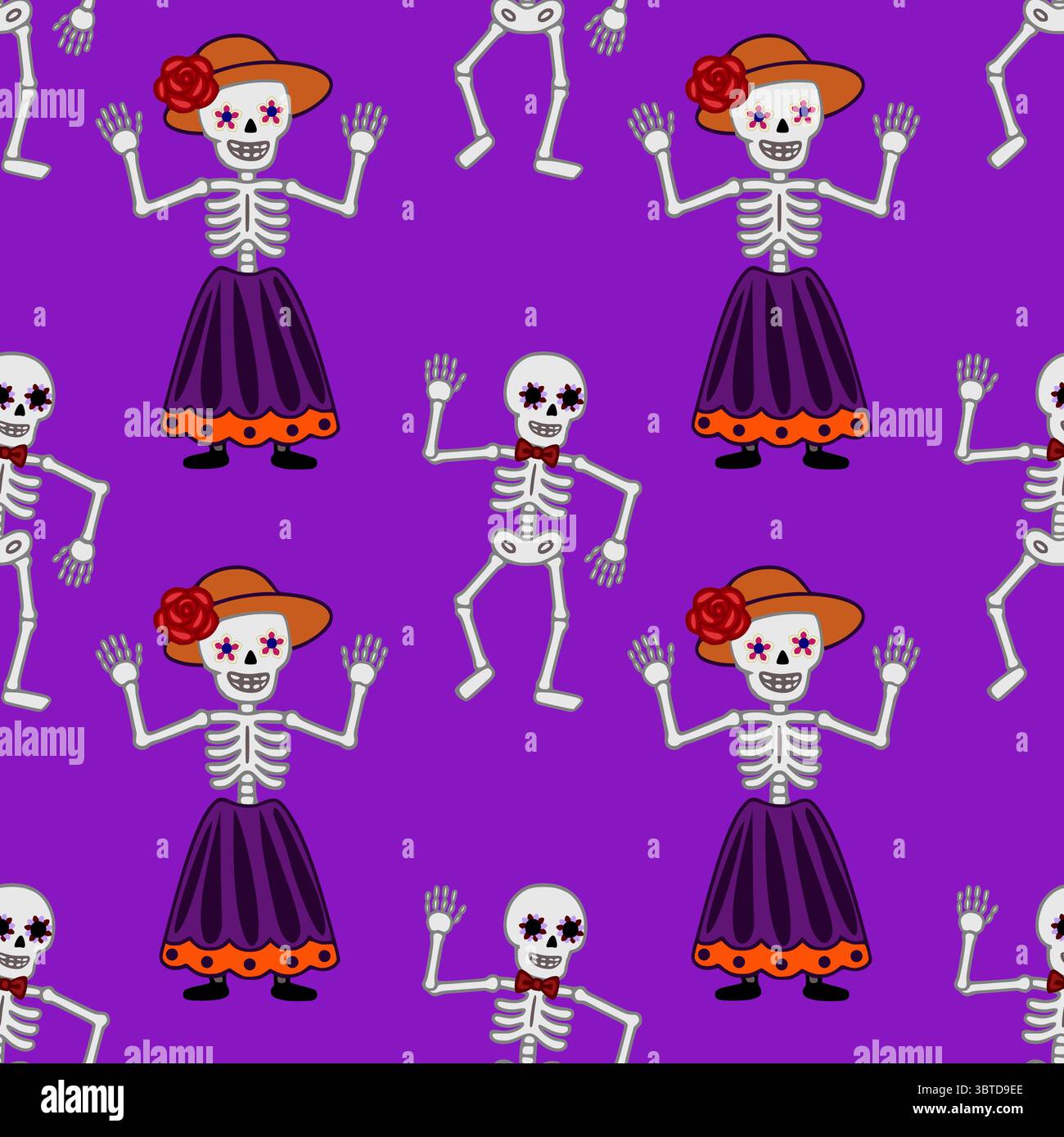 Un motif vectoriel dynamique sans couture avec des squelettes joyeux du jour des morts dans une tenue festive, dansant sur un riche fond violet. Illustration de Vecteur