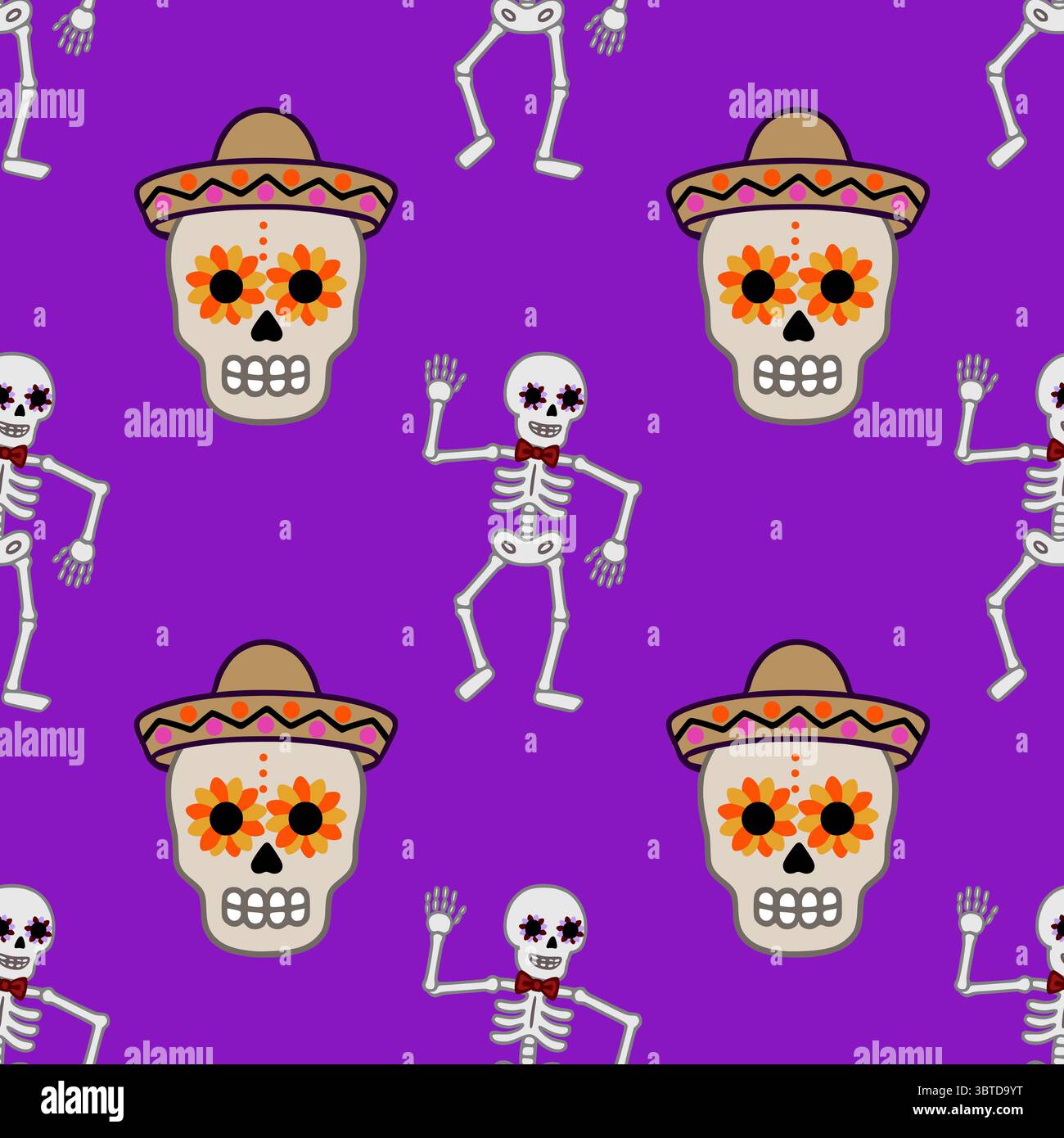 Modèle vectoriel sans couture avec squelettes dansants joyeux avec des motifs de crâne floraux et des sombreros, placé sur un fond violet vibrant, parfait fo Illustration de Vecteur