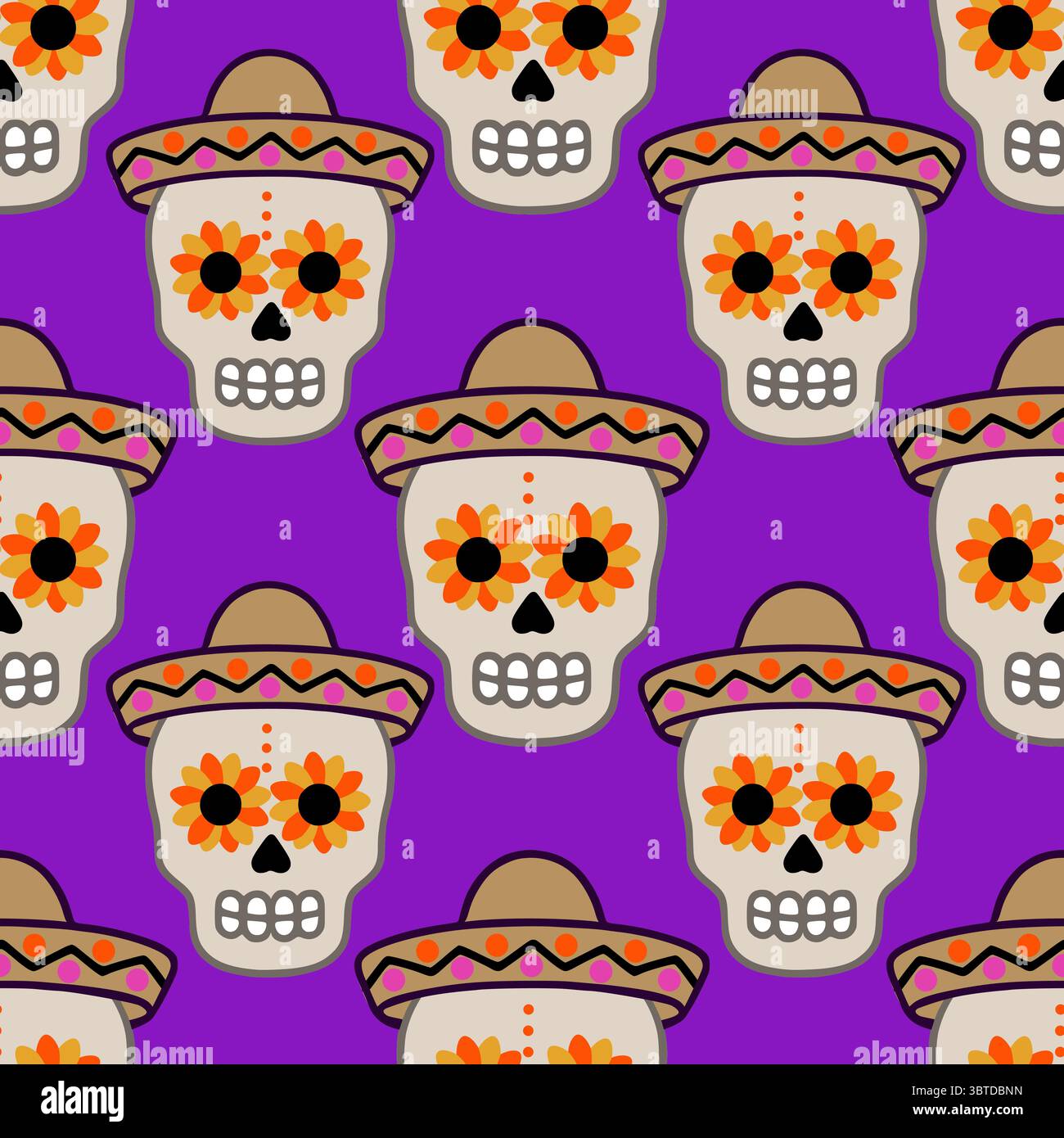 Motif sans couture de vecteur festif de crânes de Calaveras dans Sombreros avec des motifs d'oeil floral sur fond violet vibrant Illustration de Vecteur