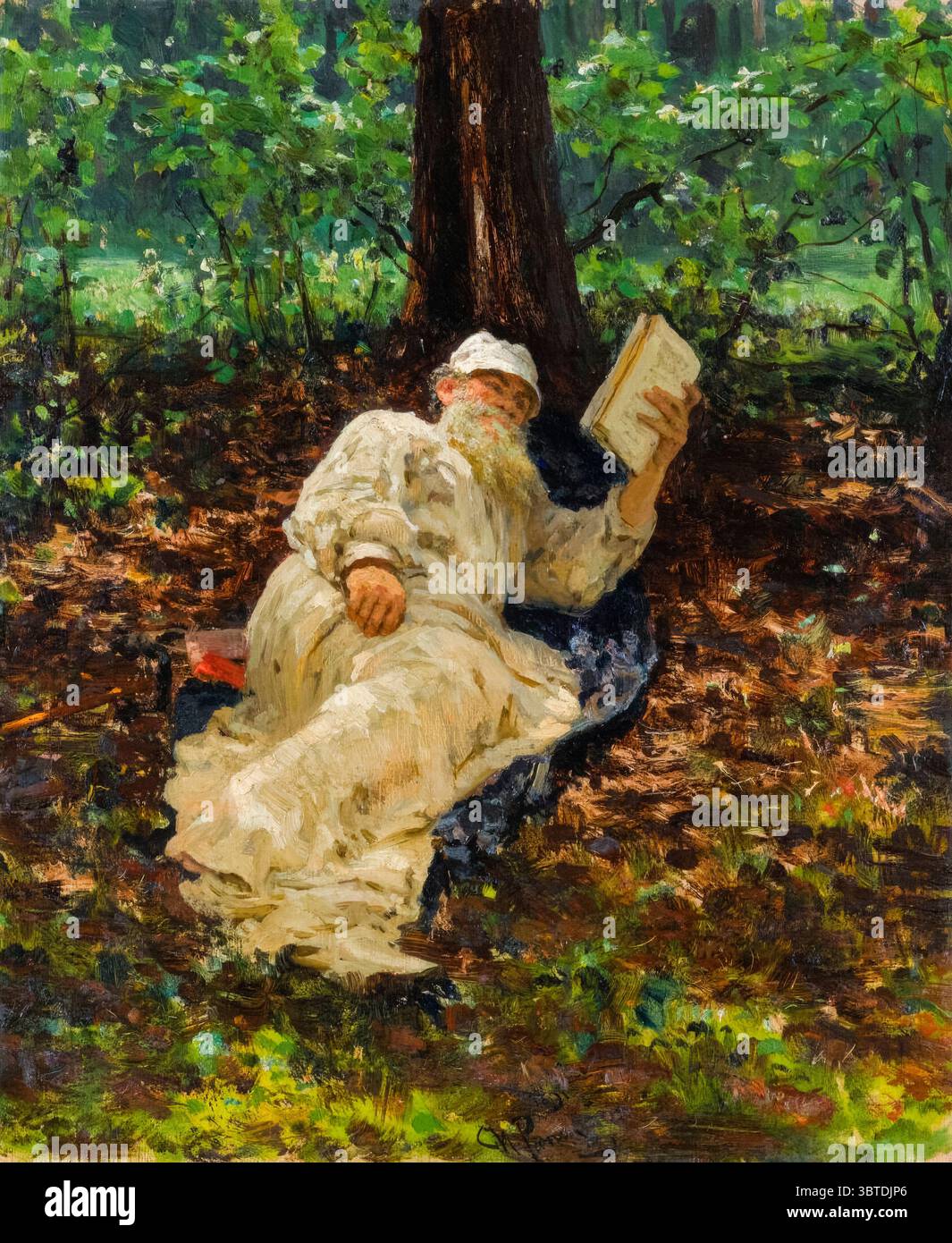 Léon Tolstoï reposant dans les bois, portrait peint à l'huile sur toile par Ilya Repin, 1891 Banque D'Images