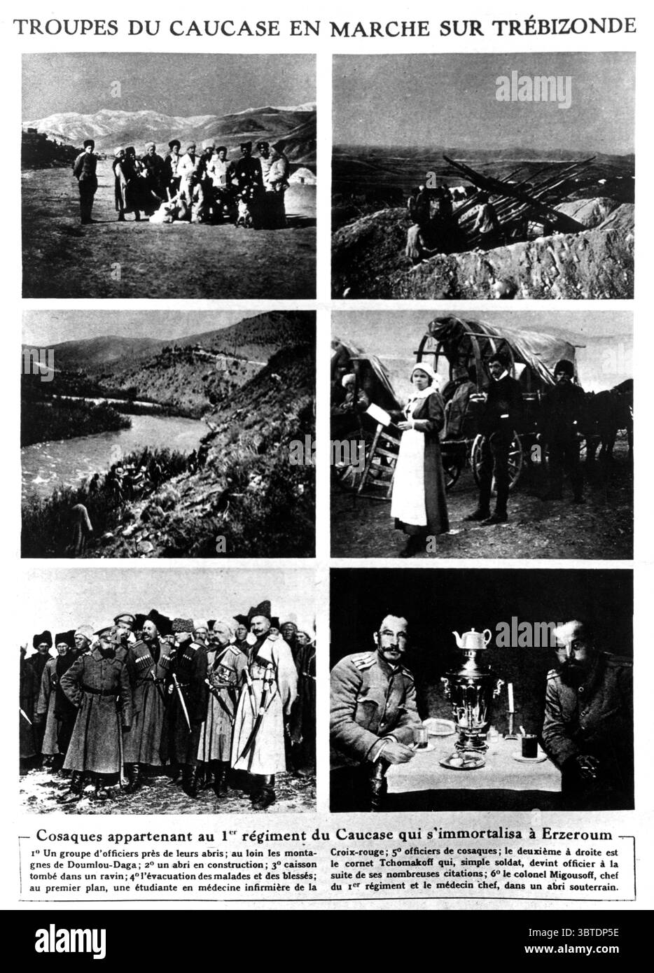 Un groupe d'officiers près de leur abri, les montagnes lointaines Dumlu Daga Shelter construction Box tombe dans un ravin l'évacuation des malades et blessés au premier plan, un étudiant en médecine infirmière de la Croix-Rouge officiers cosaques à droite est le deuxième cône Tchomakoff ce simple soldat, officier provocant à la suite de ses nombreuses citations le colnel Migousoff, chef du régiment et médecin en chef dans un abri souterrain Banque D'Images