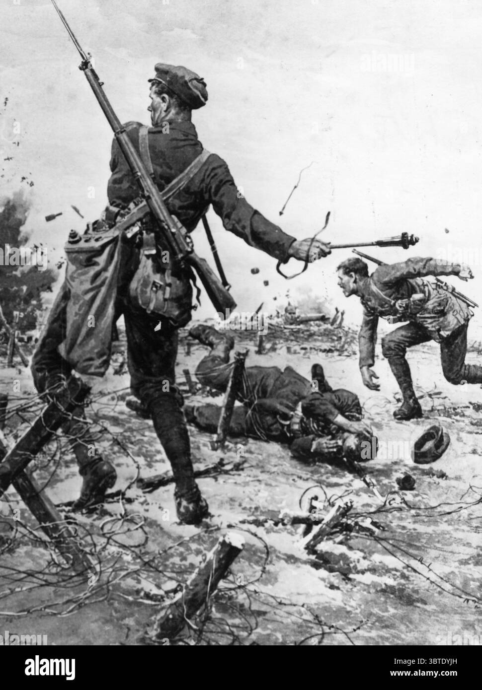 British Storm Troop tempête une position allemande avec Mark 1 grenades WWI Banque D'Images