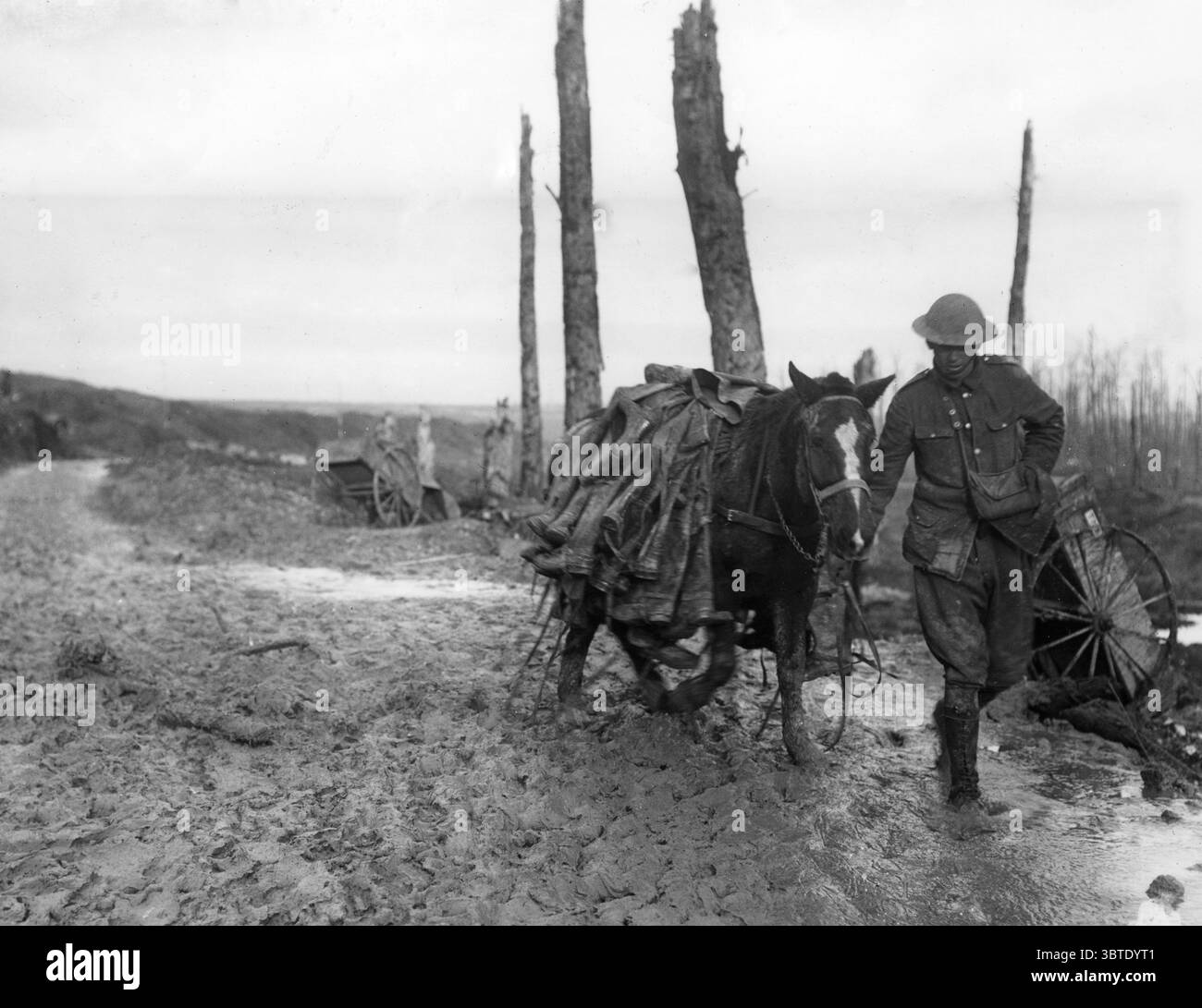 Pack cheval chargé de bottes de tranchée , près de Beaumont - Hamel , France . 1916 Banque D'Images