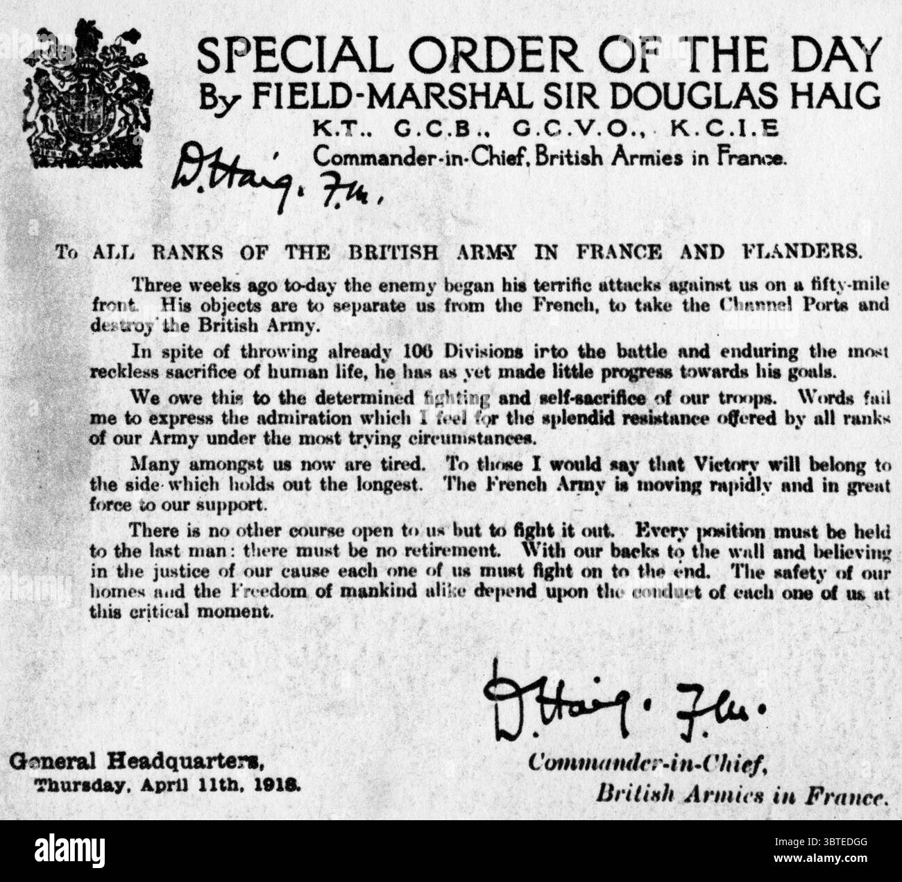 Première Guerre mondiale ordre spécial du jour par le maréchal Sir Douglas Haig , commandant en chef des armées britanniques en France 11 avril 1918 Banque D'Images