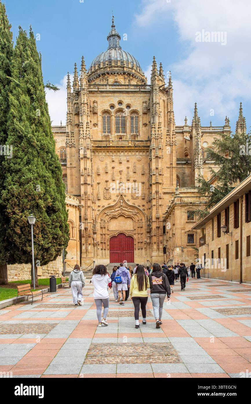 Touristes et vacanciers en dehors de la cathédrale de Salamanque de l'Assomption de la Vierge Marie dans la ville espagnole de Salamanque Castille Léon Espagne Banque D'Images