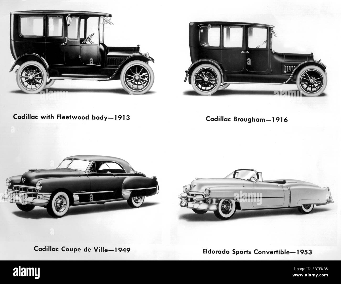 Haut gauche Cadillac avec carrosserie Fleetwood 1913 haut droit Cadillac Brougham 1916 bas gauche Cadillac Coupe de ville 1949 bas droit Eldorado Sports Convertible 1953 Banque D'Images
