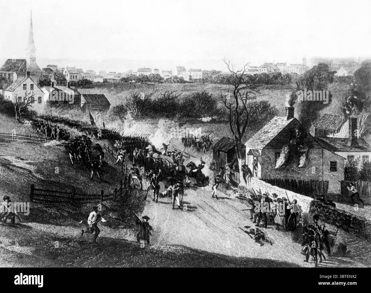 La retraite britannique à Concord Minutemen tire sur les arrières britanniques. Certains redcoats ont sauté les clôtures pour riposter. 19 avril 1775 Banque D'Images