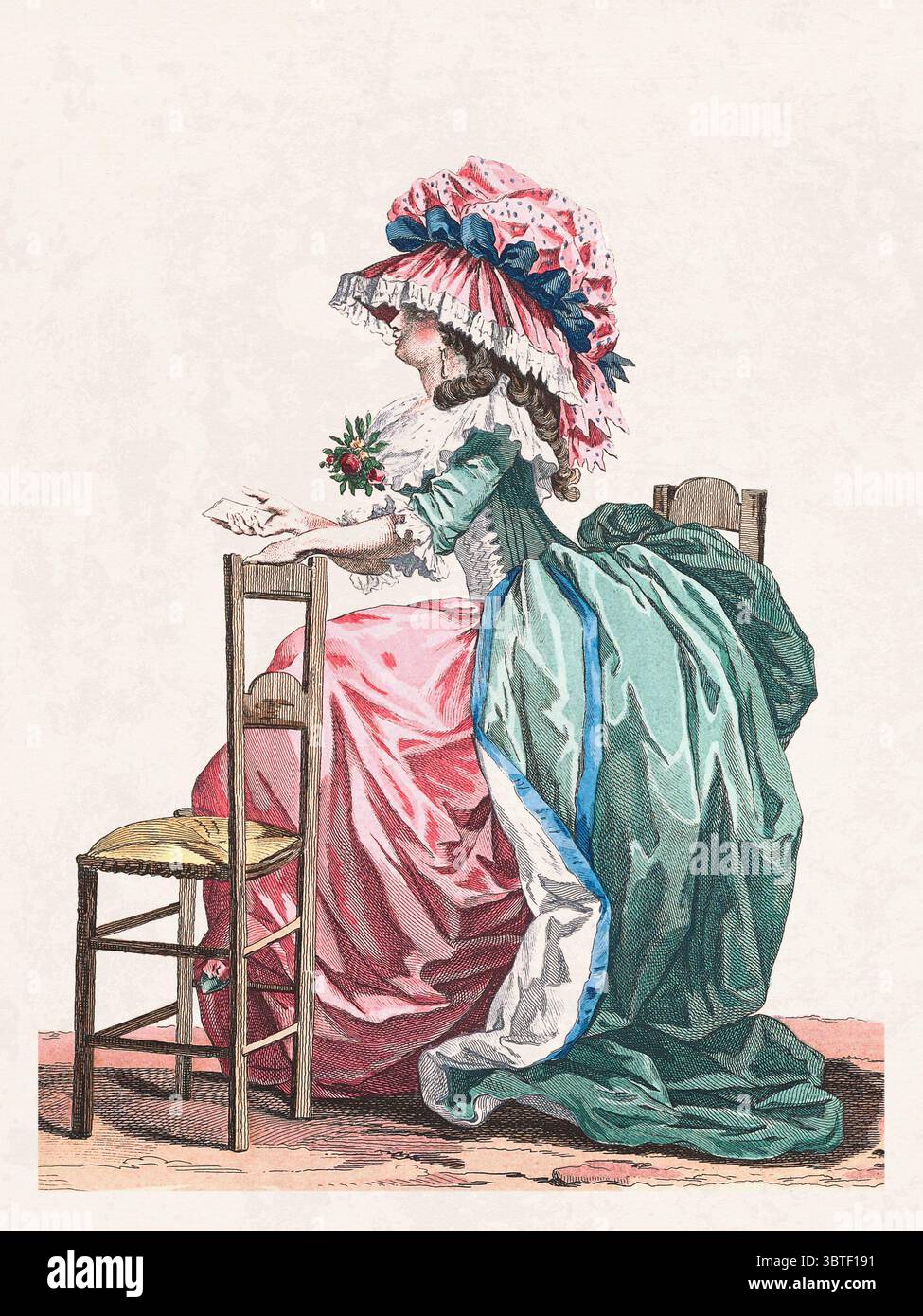 Dessin de mode français vintage. Dame élégante dans une robe colorée avec coiffure détaillée et accessoires de fantaisie. Fond texturé doux. Banque D'Images