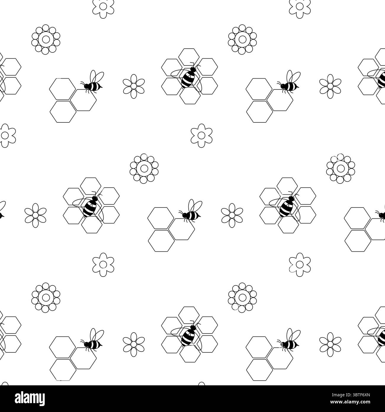 Hexagone avec des abeilles et des fleurs modèle sans couture. Illustration de ligne graphique vectorielle. Texture avec hexagone de peigne de miel. Grille noire d'abeille. Geom abstrait Illustration de Vecteur