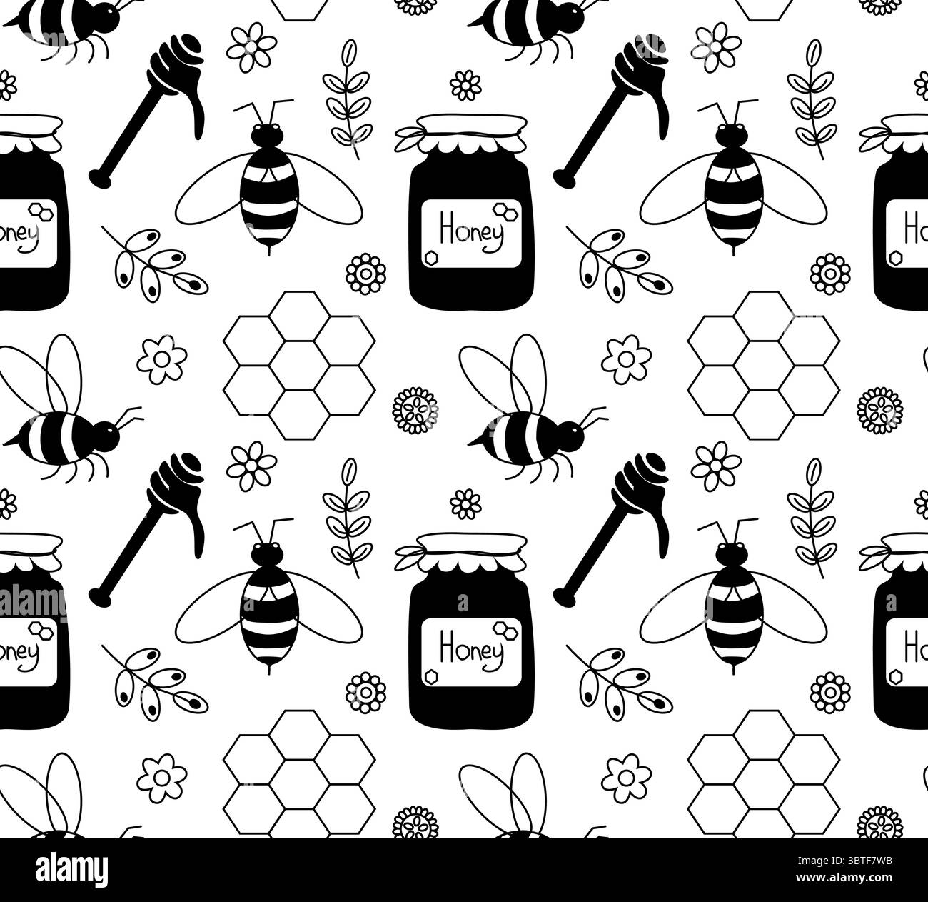 Motif sans couture miel. Illustration de ligne graphique vectorielle. Arrière-plan de collection de rucher. Pot de miel, pot, nid d'abeille, goutte de miel, trempette. Pour poster, inv Illustration de Vecteur