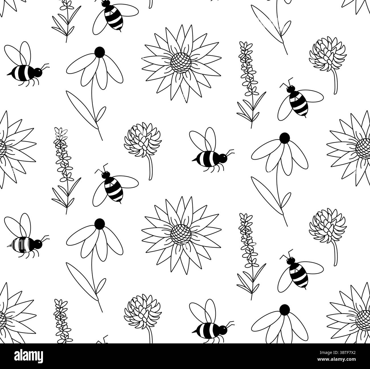 Motif sans couture de fleurs de Marguerite et d'abeilles. Illustration de ligne graphique vectorielle. Joli imprimé fleuri dessiné à la main. conception de graphismes de mode, imprimés textiles, Illustration de Vecteur