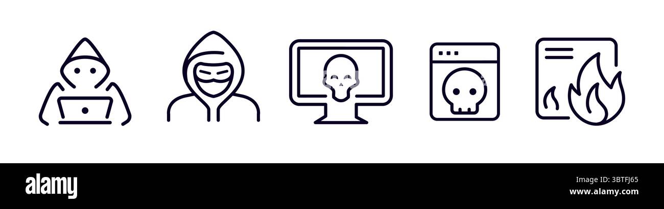 Jeu d'icônes de pirates informatiques avec cybercriminalité, attaque de virus, logiciels espions, symbole de crâne, menaces de violation de données dans un style de ligne pour les sujets de cybersécurité. Vecteur Illustration de Vecteur