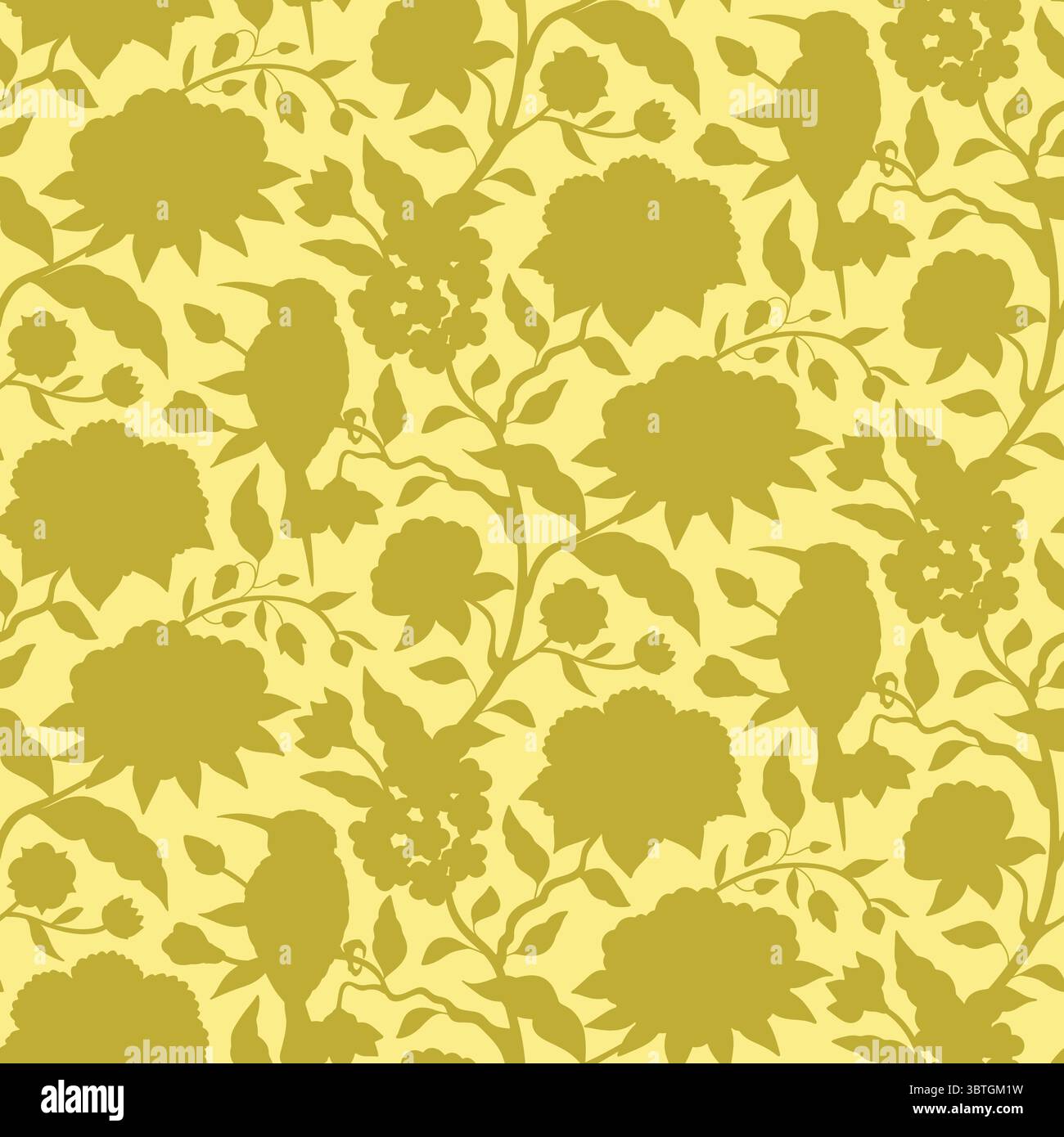 Modèle sans couture avec chinoiserie jaune monochrome dessiné à la main fleurs et silhouettes d'oiseaux Illustration de Vecteur