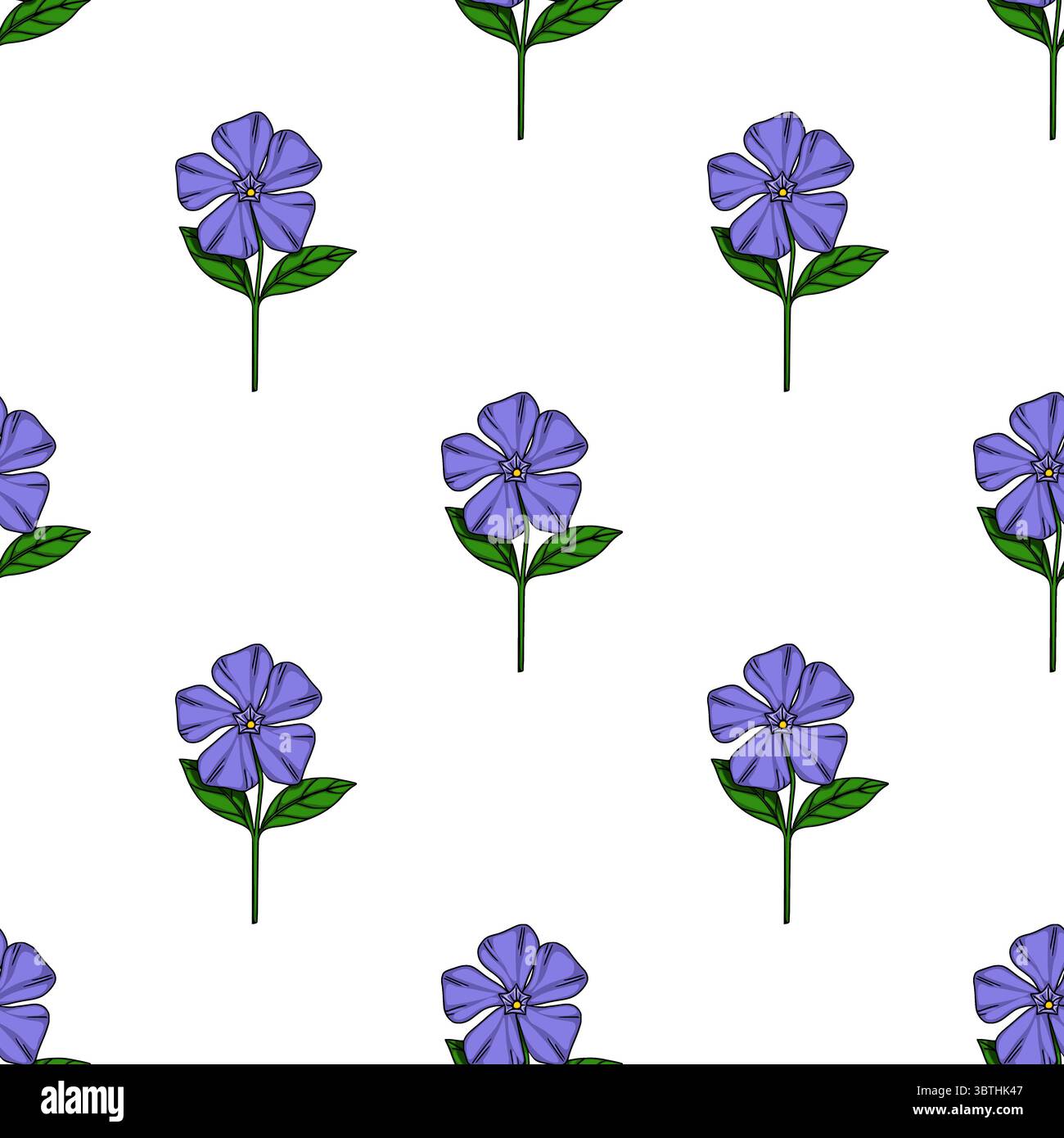 Modèle vectoriel sans couture de fleurs de pervenche stylisées avec des pétales violets vibrants et des feuilles vert foncé sur un fond blanc, parfait pour le PRI textile Illustration de Vecteur