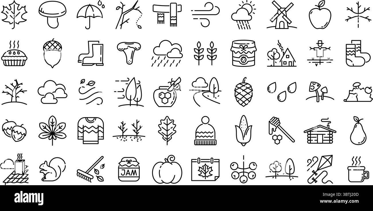 Ensemble de 50 icônes linéaires sur le thème de l'automne, y compris les feuilles, la nourriture, les animaux et la nature. Contour modifiable. Convient pour la conception d'automne, l'emballage, les applications et le web. Illustration de Vecteur