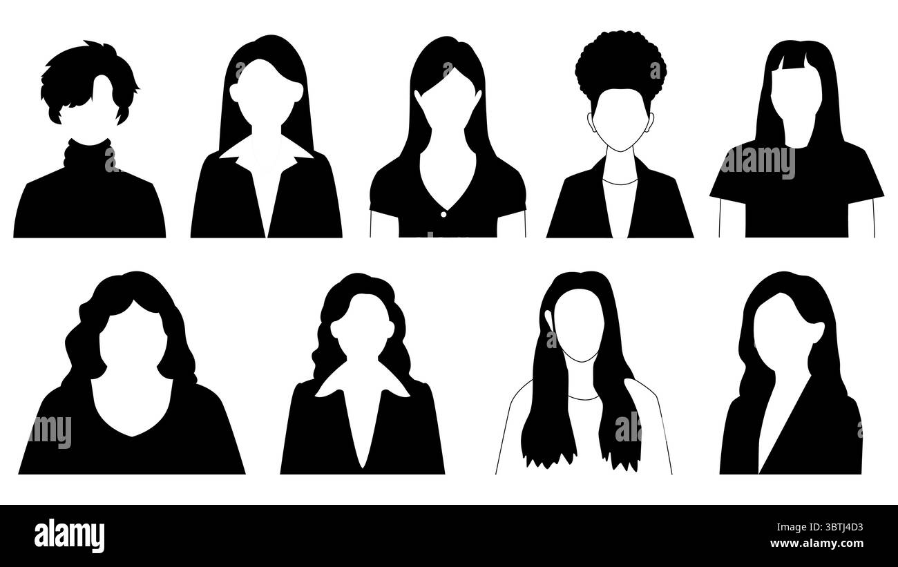 Un ensemble vectoriel de silhouettes de femmes d'affaires. Avatar monochrome photos de femmes. Femelles en noir et blanc images de profil. Illustration de Vecteur