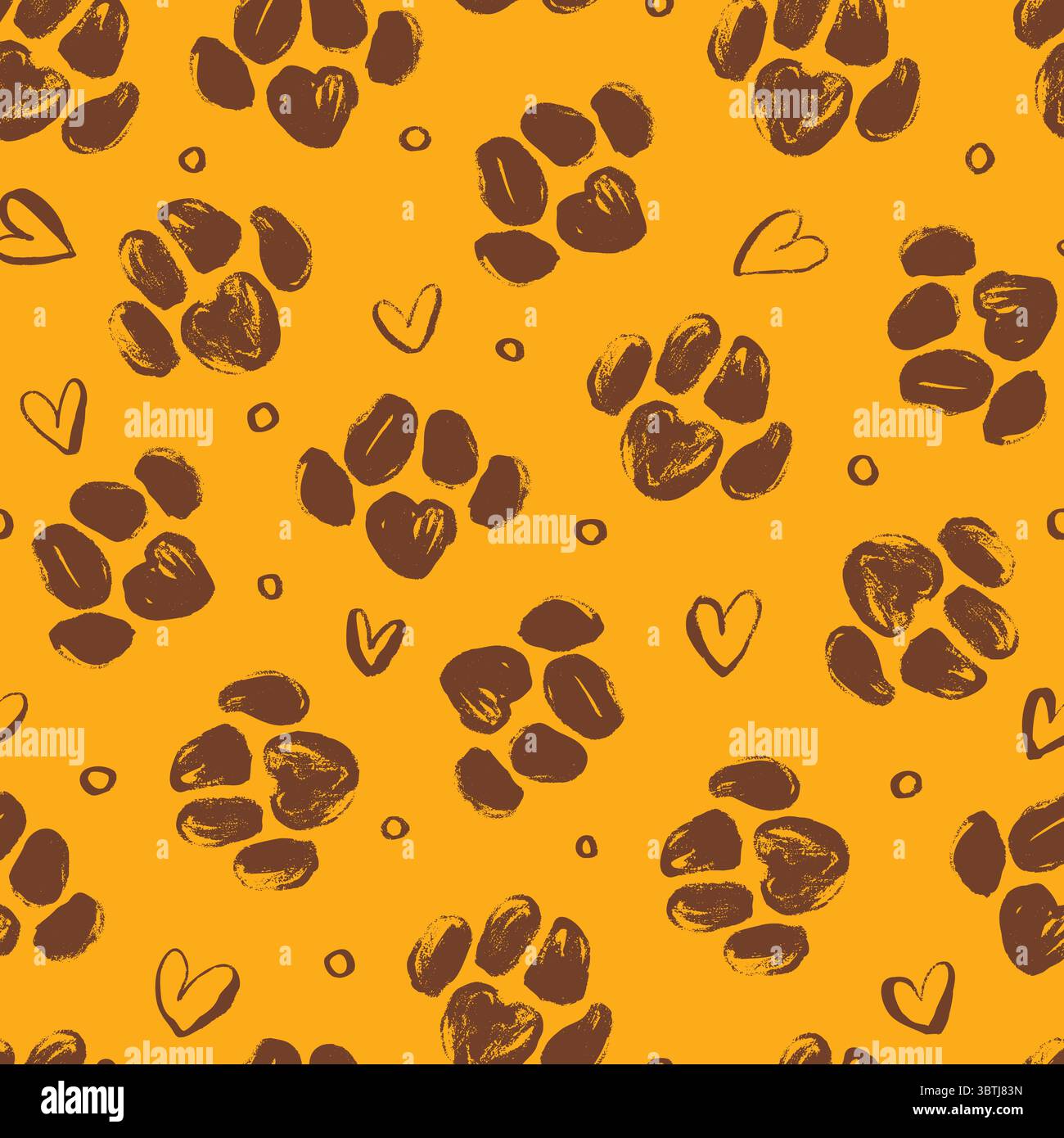 Empreintes de pattes ludiques et coeurs sur fond orange. Mignon sans couture de pattes d'animaux et des coeurs esquissés. Idéal pour la mode, l'emballage, les cartes, le web Illustration de Vecteur