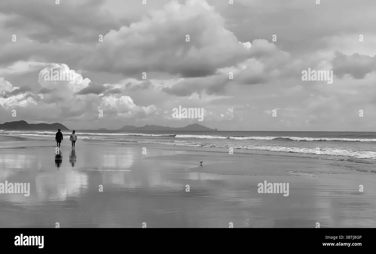 Image en noir et blanc de deux personnes marchant sur une plage réfléchissante sous des nuages spectaculaires, avec mouette et montagnes lointaines. Banque D'Images