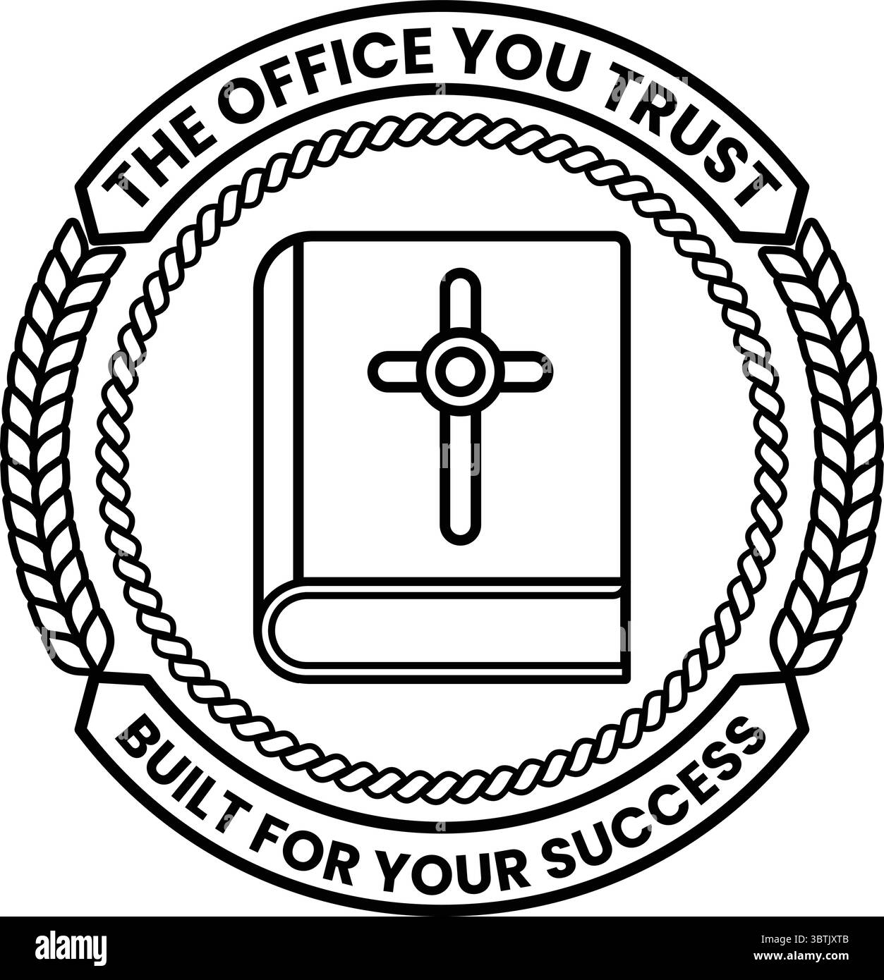 Le logo Office You Trust est un livre avec une croix dessus. Le livre est entouré d'une corde et le logo est blanc Illustration de Vecteur