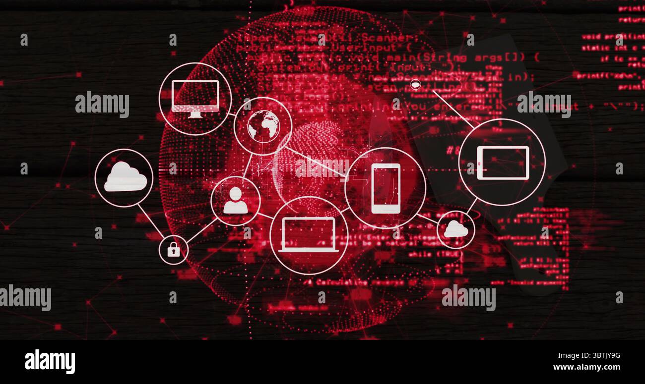 Affichage d'un diagramme de réseau reliant des icônes blanches sur du bois foncé, un globe métallique rouge et des extraits de code Banque D'Images