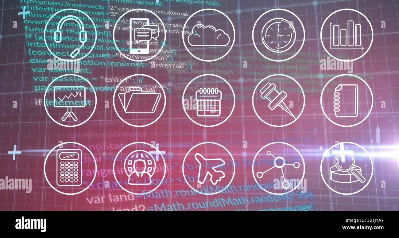 Affichage stylisé d'icônes technologiques d'entreprise sur une grille rouge, avec des superpositions de code et de graphique de données Banque D'Images