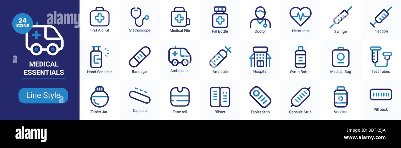 Les icônes médicales essentielles affichent les soins de santé, le traitement et les premiers soins dans un style de ligne bleue simple illustrant les articles médicaux vitaux. Illustration de Vecteur