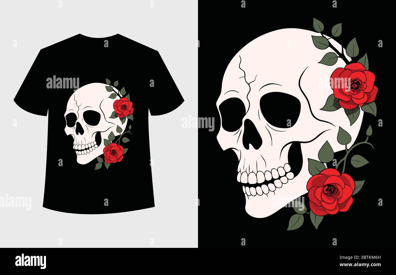 Crâne de style gothique orné de roses cramoisies ; modèle de conception de vêtements, art vectoriel Illustration de Vecteur