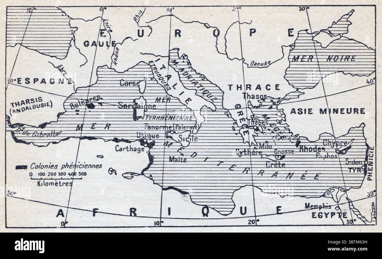 Cartes des colonies Phéniciennes. La carte indique à l'est les principaux établissements de Sidon, à l'ouest ceux de Tyr Banque D'Images
