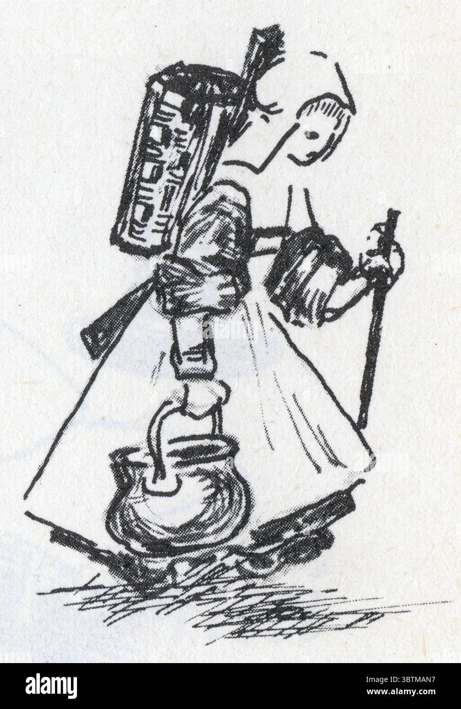 Dessin d'une fille portant dans les mains un récipient et un bâton et sur le dos un sac Banque D'Images