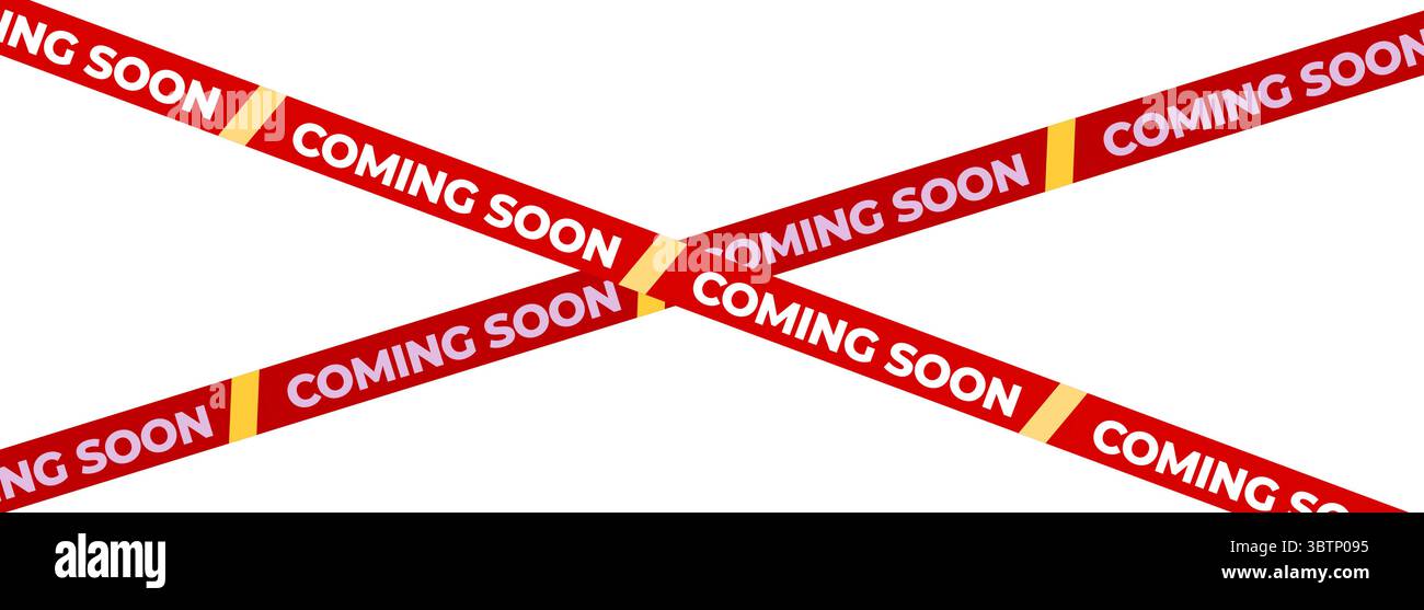Bientôt disponible Red Banner Tape Stripe pour ouverture de boutique, lancement de soldes, avis de vente au détail, publicité de magasin, teaser de campagne, arrivée des produits, mise en page marketing. Produit Illustration de Vecteur
