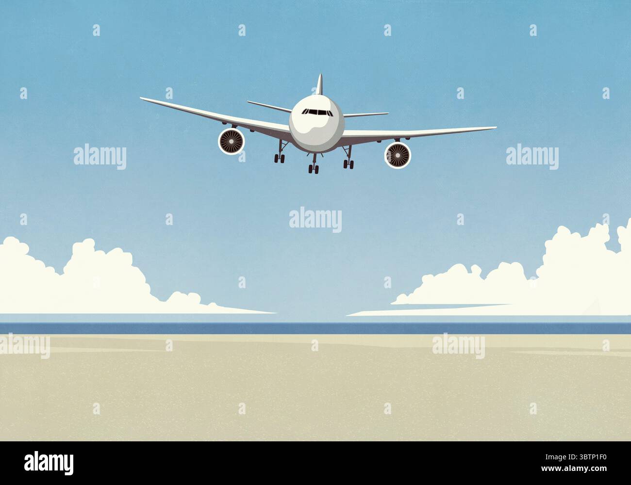 Avion volant bas au-dessus de la plage ensoleillée de l'océan d'été Banque D'Images