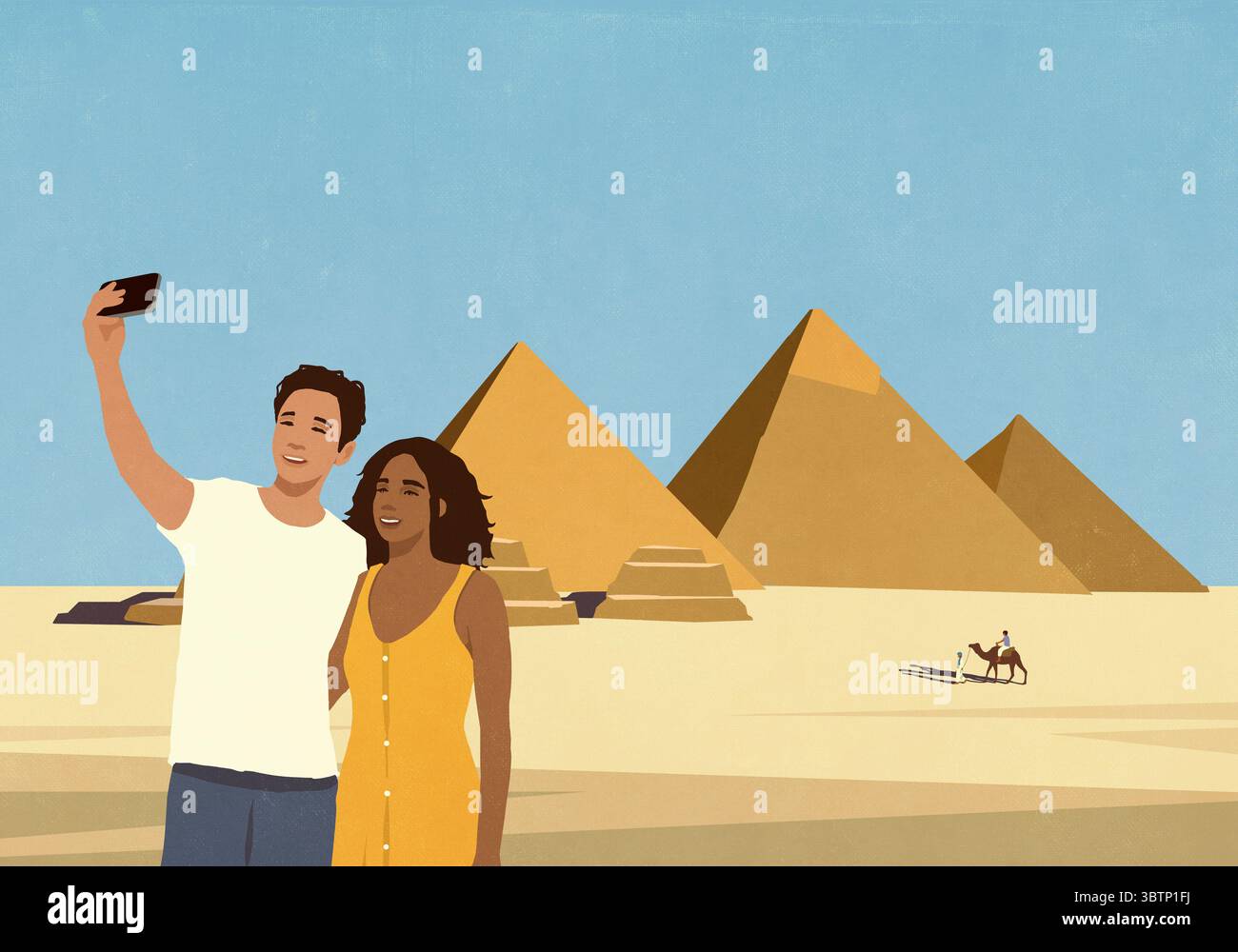 Heureux jeune couple profitant de vacances, prenant selfie avec les pyramides égyptiennes Banque D'Images