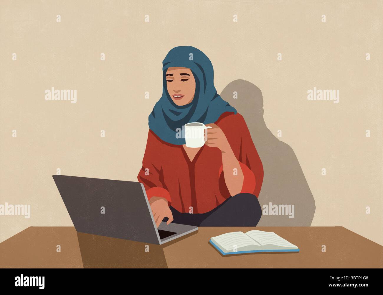 Femme d'affaires musulmane en hijab buvant du café et travaillant, visioconférence à l'ordinateur portable Banque D'Images