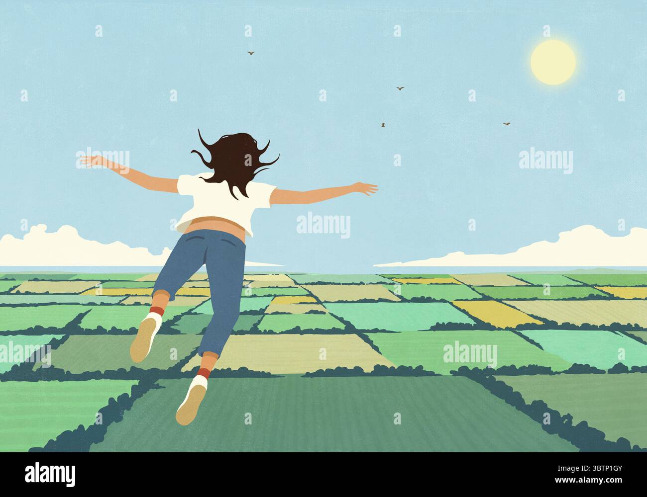 Femme insouciante rêvant, volant au-dessus de champs agricoles luxuriants et ensoleillés Banque D'Images