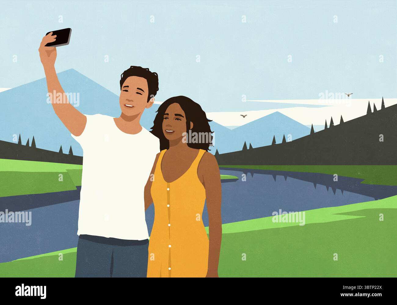 Heureux couple multiracial profitant d'une escapade d'été, prendre selfie à la rivière de montagne pittoresque Banque D'Images