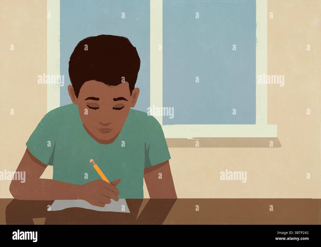 Écolier concentré faisant ses devoirs en classe par fenêtre Banque D'Images