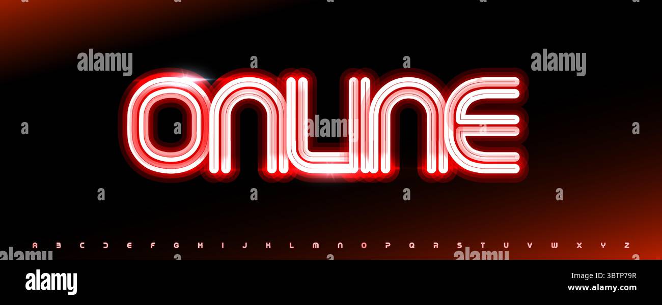 Alphabet électrique néon, lettres éclatantes vibrantes, police numérique en gras pour bouton en ligne, titre de casino, typographie technologique, titres de vie nocturne, logo de bar Illustration de Vecteur