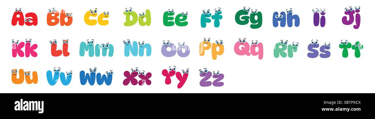 Alphabet anglais avec des lettres colorées mignonnes Cartoon avec de grands yeux sur un fond blanc. Alphabet de style dessin animé avec des yeux drôles. Illustration de Vecteur