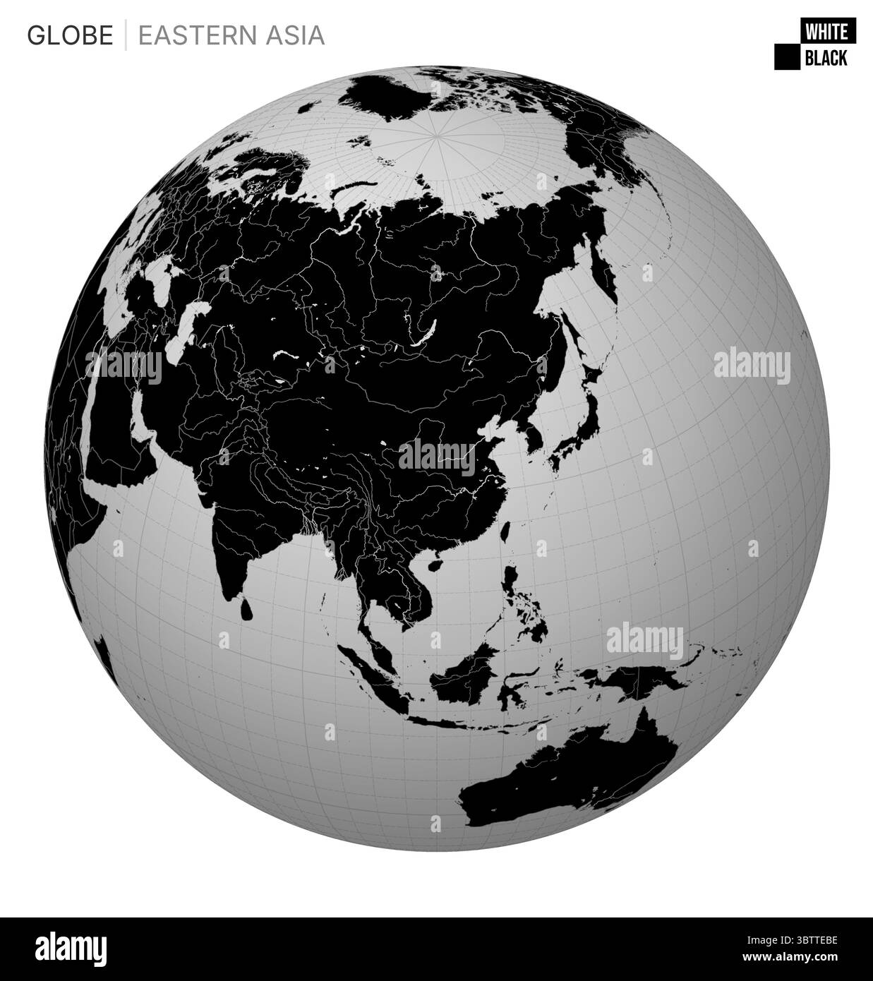 Vecteur Globe centré sur l'Asie de l'est. Palette Blanc Noir. Carte du monde avec méridiens, parallèles, pays, rivières et lacs. Illustration de Vecteur