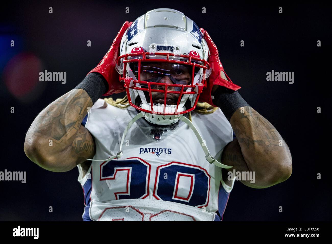 1er décembre 2019, Houston, Texas, États-Unis : 1er décembre 2019 : New England Patriots Running back Brandon Bolden (38) avant le match contre les Texans de Houston au NRG Stadium de Houston, Texas. (Crédit image : © Maria Lysaker/ZUMA Wire) Banque D'Images