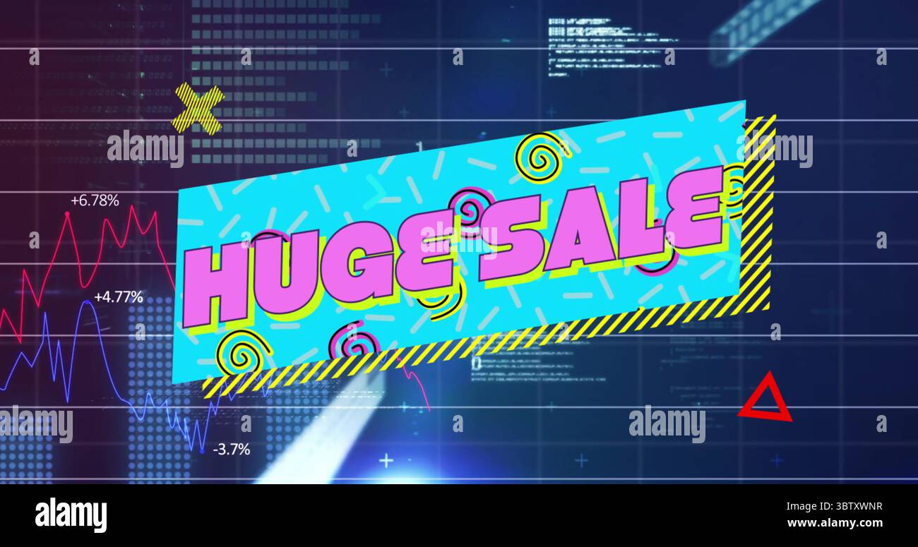 Affichage de la bannière turquoise inclinée montrant le texte ÉNORME rose gras DE VENTE dans l'interface, avec des graphiques linéaires Banque D'Images