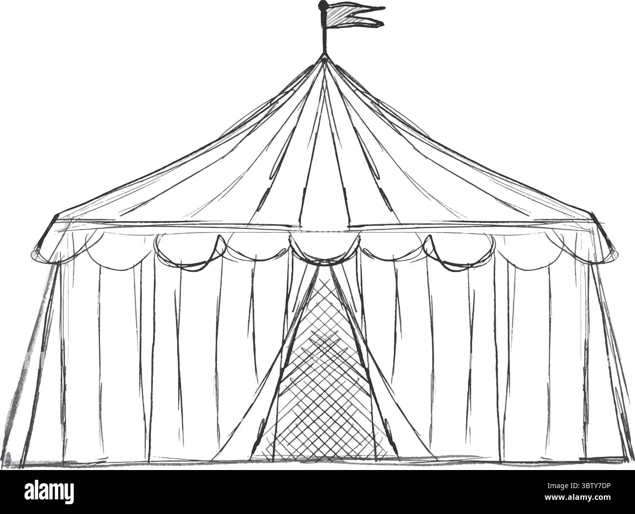 Une illustration magnifiquement charmante dessinée à la main montrant une tente de cirque vintage ornée d'un design fantaisiste. Illustration vectorielle dessinée à la main en graphiques noir et blanc. Illustration de Vecteur