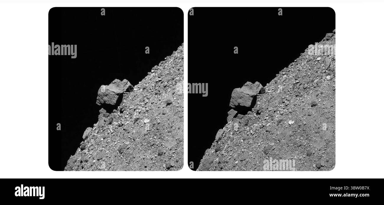 27 mai 2019 - espace - cet ensemble d'images stéréoscopiques fournit une vue 3D du grand rocher de 170 pieds (52 mètres) qui dépasse de l'hémisphère sud de l'astéroïde Bennu et des pentes rocheuses qui l'entourent. La paire stéréo a été créée par les scientifiques du traitement d'image stéréo Dr Brian May, qui est également le guitariste principal du groupe de rock Queen, et Claudia Manzoni. En janvier, May et Manzoni ont officiellement rejoint l'équipe scientifique de la mission OSIRIS-Rex de la NASA en tant que collaborateurs pour créer des produits de données stéréoscopiques, qui seront utilisés par l'équipe lors de la sélection d'un site de collecte d'échantillons à Bennu. Les deux images Banque D'Images