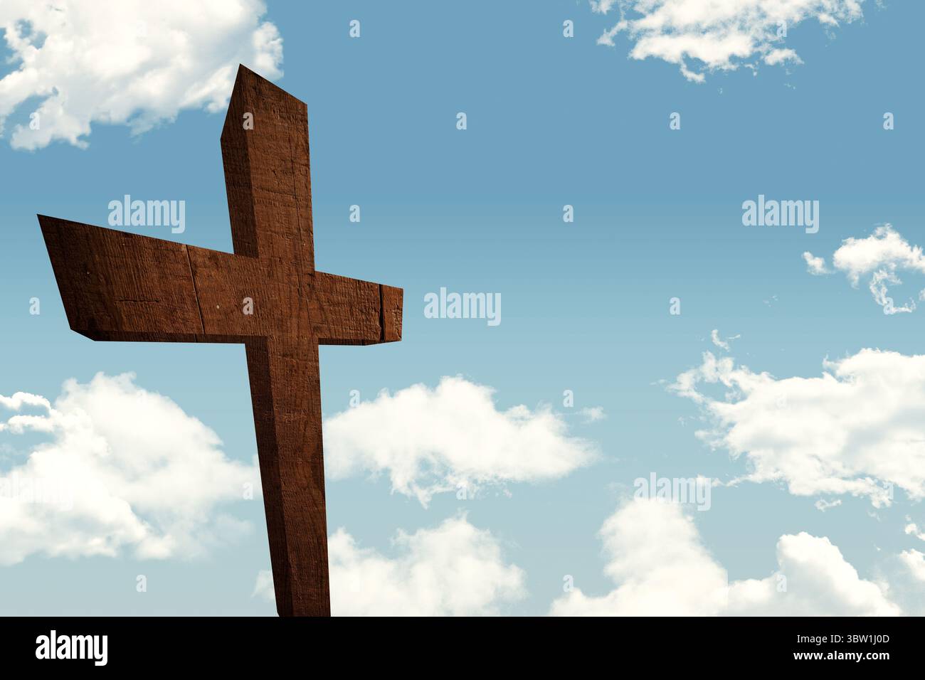 La croix en bois altérée est debout dans un design plat contre un ciel bleu pâle parsemé de nuages moelleux Banque D'Images