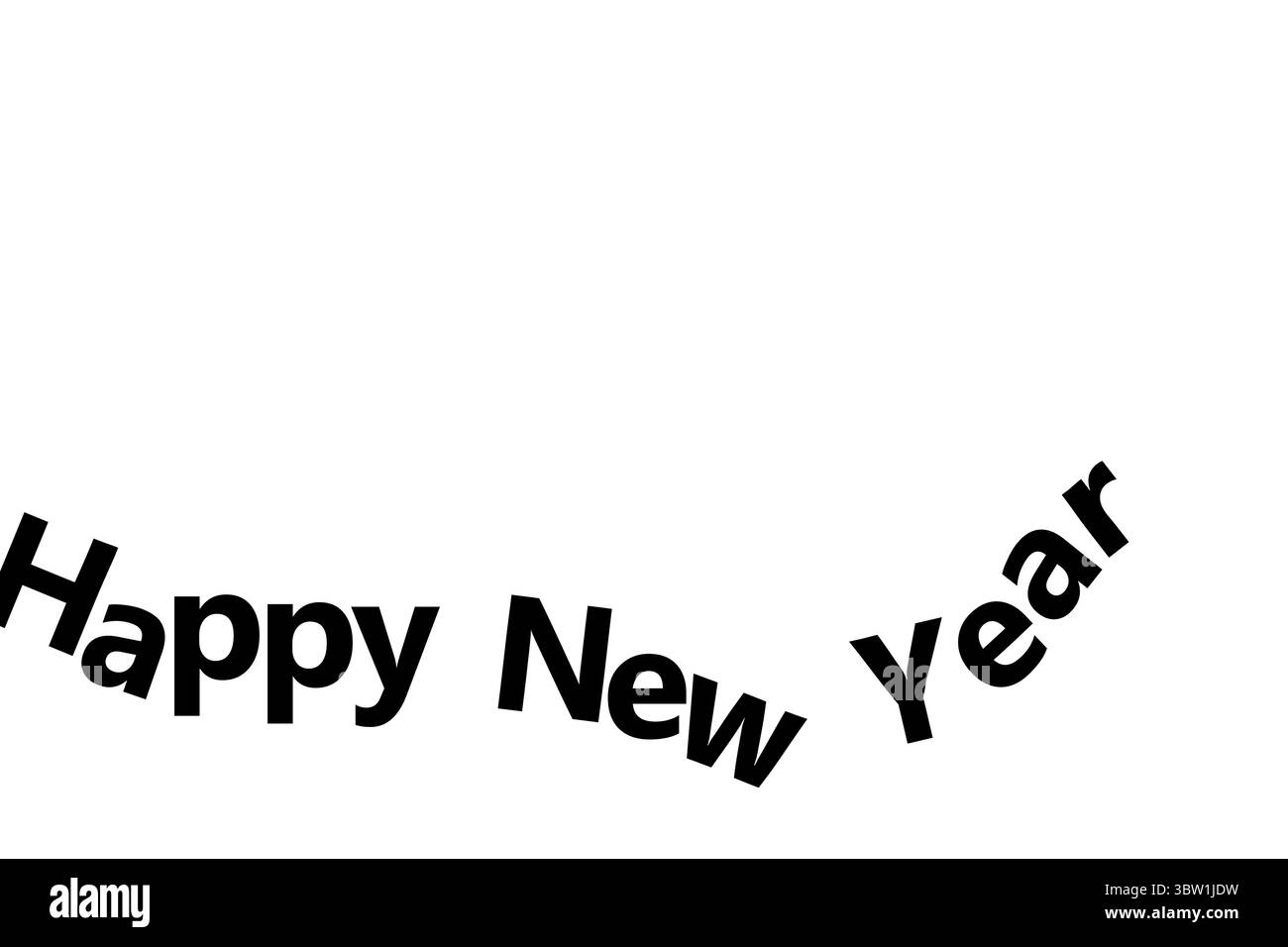 Le texte incurvé noir Happy New Year présente un design plat sur fond blanc, un espace de copie Banque D'Images