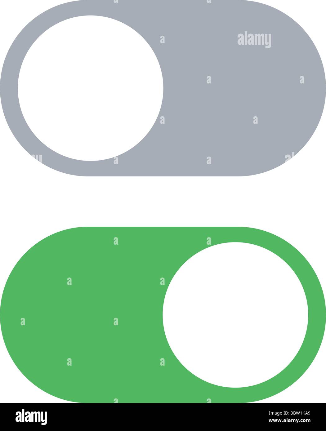 Bouton à bascule de conception plate minimaliste affichant les états OFF et ON en vert et gris. Disposition verticale à deux rangées. Icône vectorielle modifiable pour UI et UX. Illustration de Vecteur
