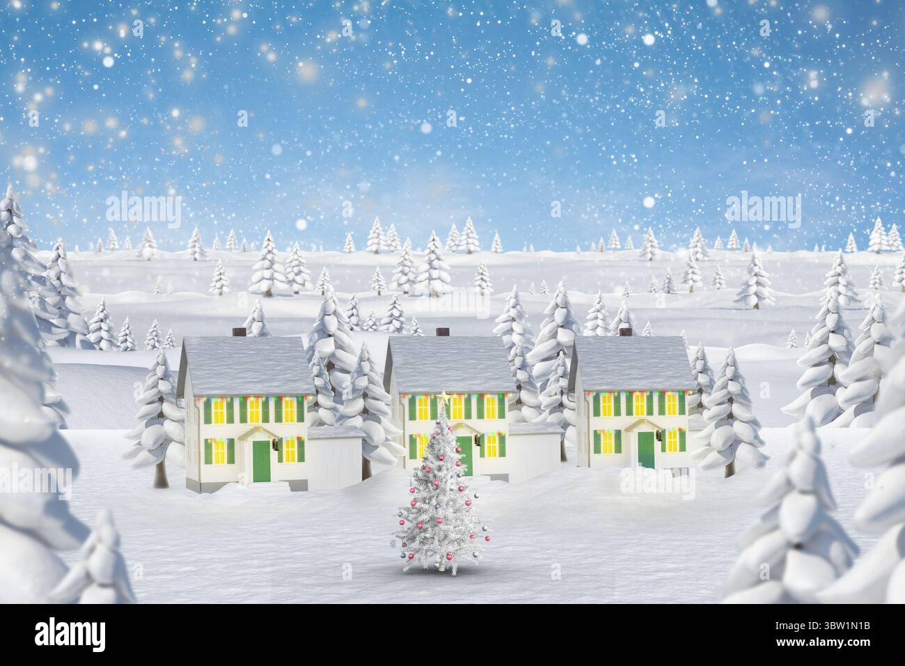 La scène d'hiver de conception plate est avec arbre de Noël décoré dans la neige tombante près de trois maisons Banque D'Images