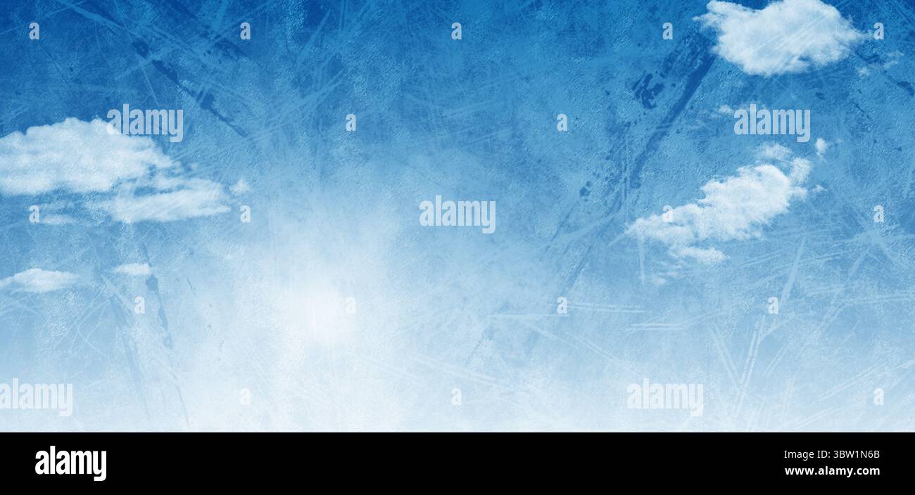 Le ciel bleu remplit tout le cadre dans un design plat avec des nuages sinueux et une superposition texturée Banque D'Images